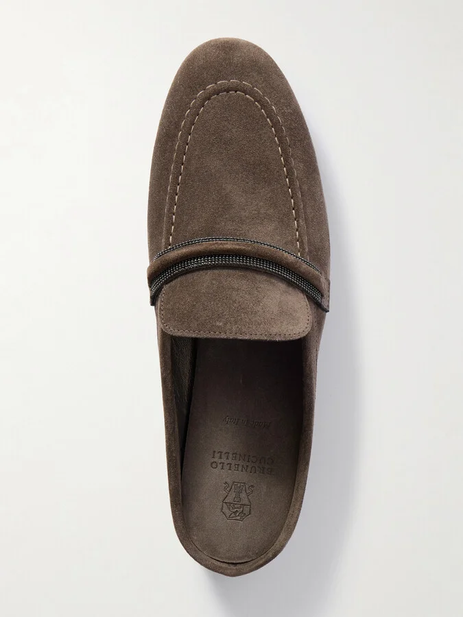 Brunello Cucinelli - Bead-embellished Suede Slippers - Brown - Image 5