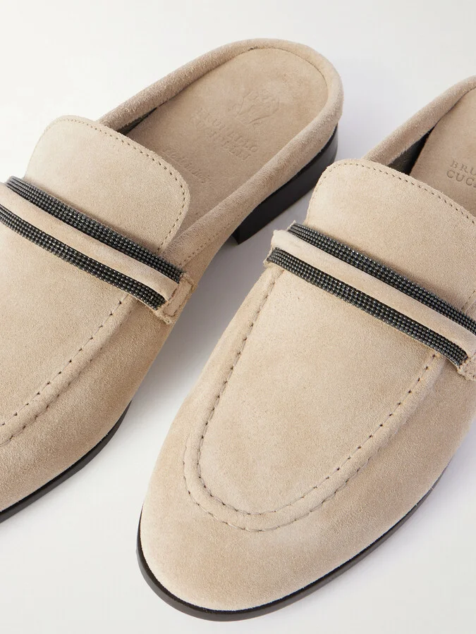 Brunello Cucinelli - Bead-embellished Suede Slippers - Brown - Image 4