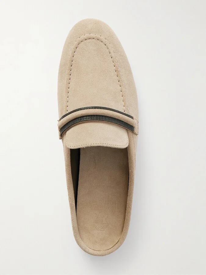 Brunello Cucinelli - Bead-embellished Suede Slippers - Brown - Image 5