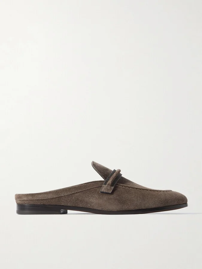 Brunello Cucinelli - Bead-embellished Suede Slippers - Brown