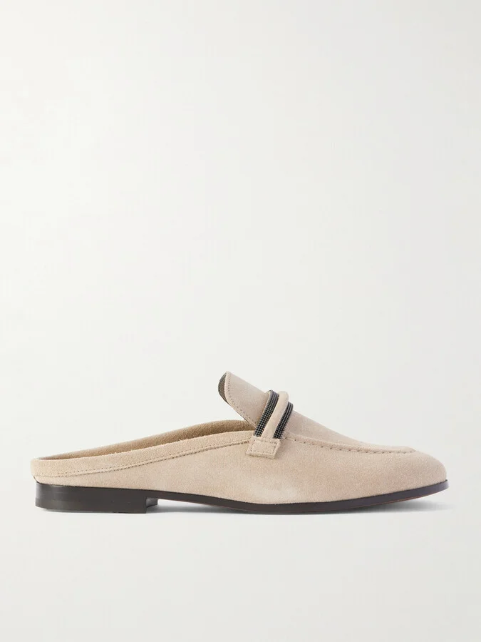 Brunello Cucinelli - Bead-embellished Suede Slippers - Brown