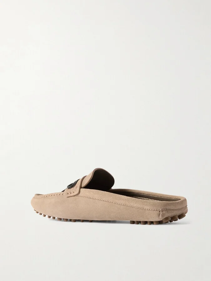 Brunello Cucinelli - Bead-embellished Suede Slippers - Neutrals - Image 3