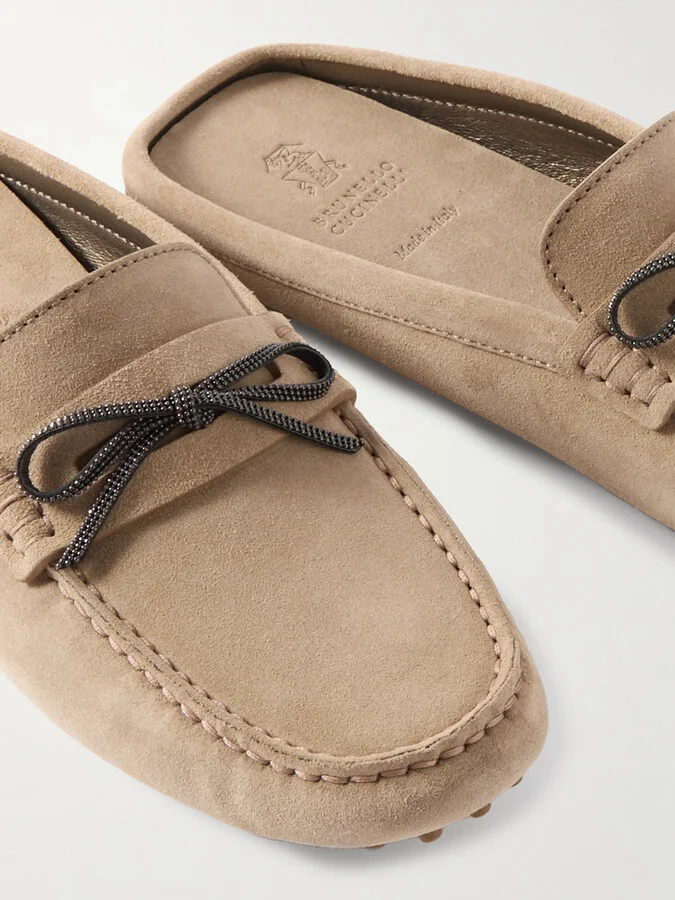 Brunello Cucinelli - Bead-embellished Suede Slippers - Neutrals - Image 4