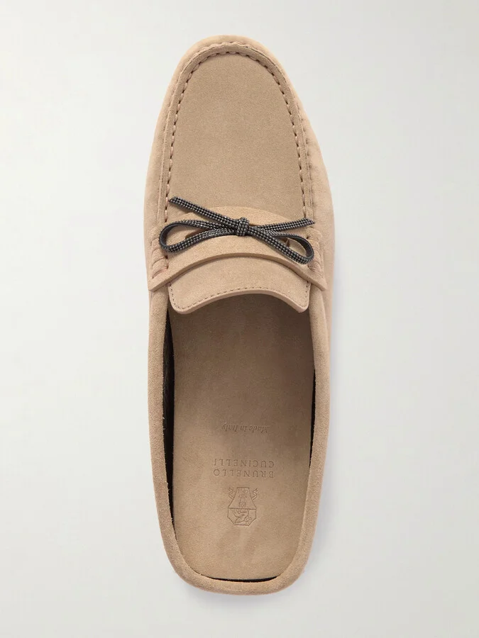 Brunello Cucinelli - Bead-embellished Suede Slippers - Neutrals - Image 5