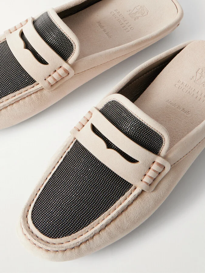 Brunello Cucinelli - Bead-embellished Suede Slippers - Neutrals - Image 4