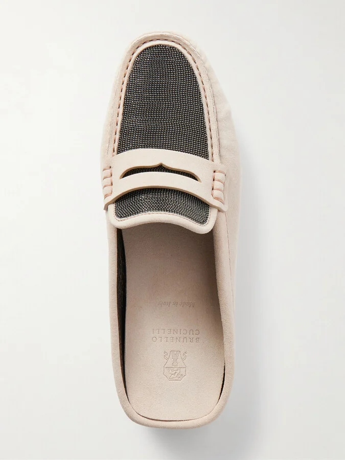 Brunello Cucinelli - Bead-embellished Suede Slippers - Neutrals - Image 5