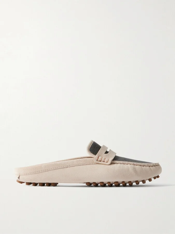 Brunello Cucinelli - Bead-embellished Suede Slippers - Neutrals