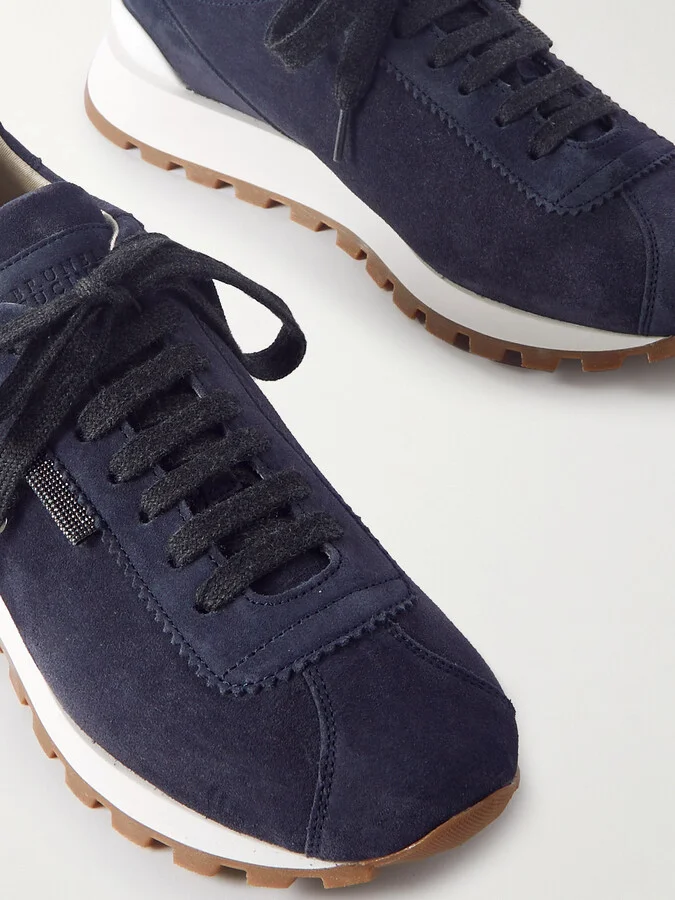 Brunello Cucinelli - Bead-embellished Suede Sneakers - Blue - Image 4
