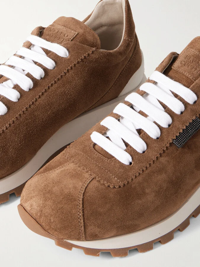 Brunello Cucinelli - Bead-embellished Suede Sneakers - Brown - Image 4