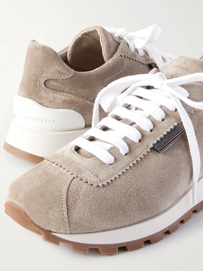 Brunello Cucinelli - Bead-embellished Suede Sneakers - Gray - Image 4