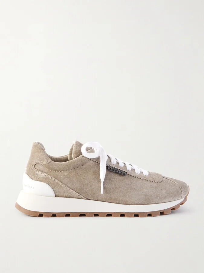 Brunello Cucinelli - Bead-embellished Suede Sneakers - Gray
