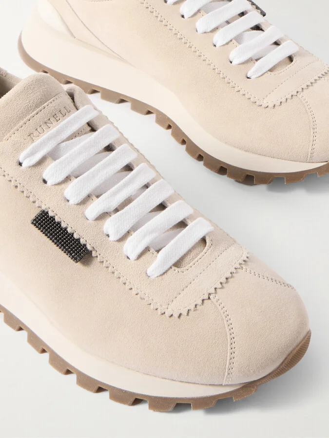 Brunello Cucinelli - Bead-embellished Suede Sneakers - Neutrals - Image 4