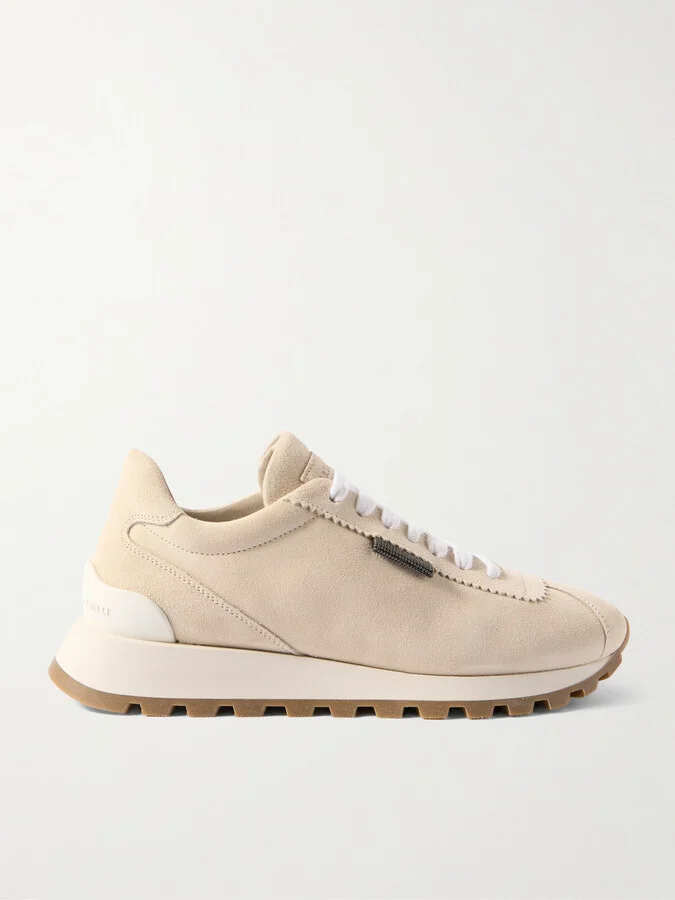 Brunello Cucinelli - Bead-embellished Suede Sneakers - Neutrals