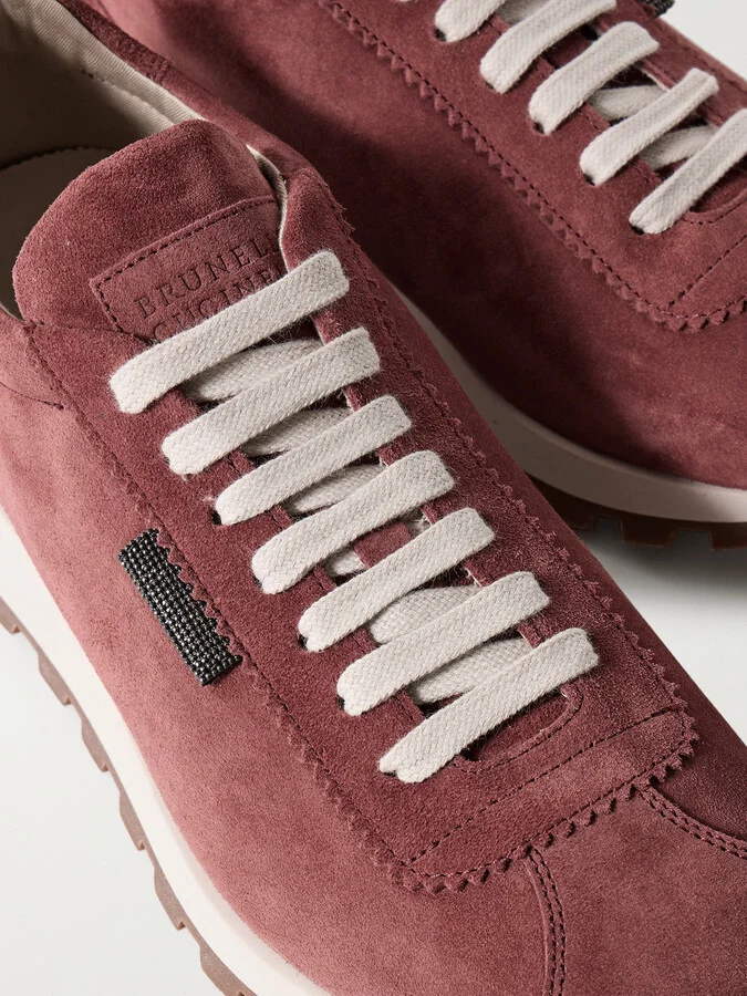 Brunello Cucinelli - Bead-embellished Suede Sneakers - Red - Image 4