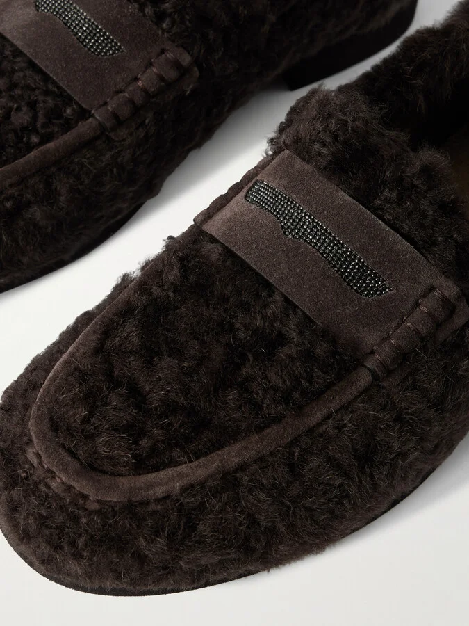 Brunello Cucinelli - Bead-embellished Suede-trimmed Shearling Loafers - Brown - Image 4