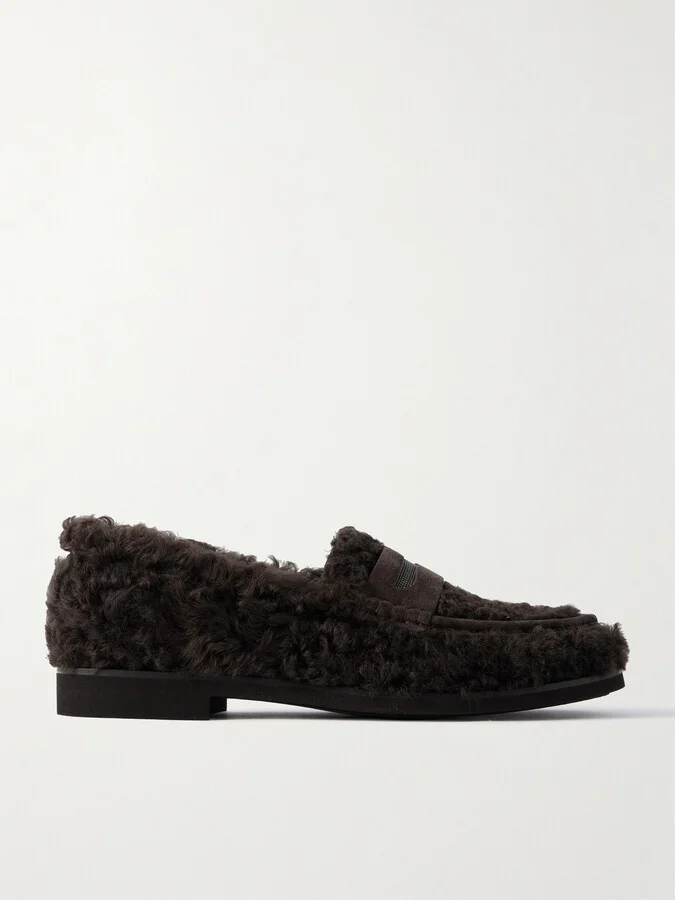 Brunello Cucinelli - Bead-embellished Suede-trimmed Shearling Loafers - Brown