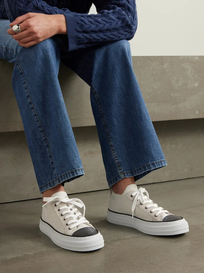 Brunello Cucinelli - Bead-embellished Suede-trimmed Stretch-knit Sneakers - White - Image 2