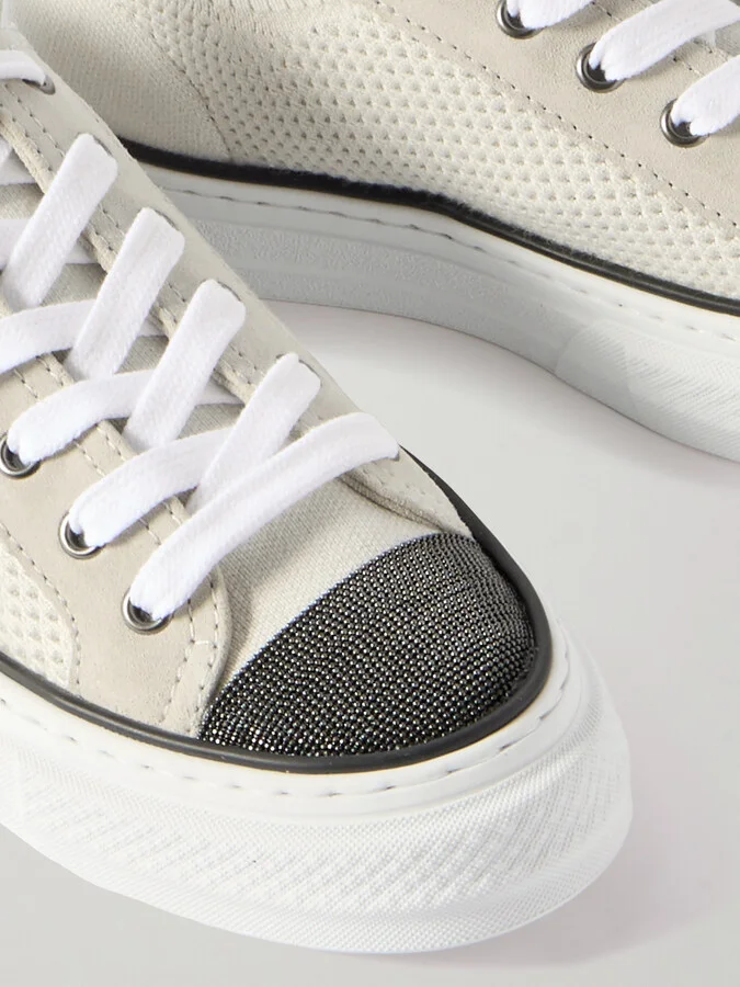Brunello Cucinelli - Bead-embellished Suede-trimmed Stretch-knit Sneakers - White - Image 4