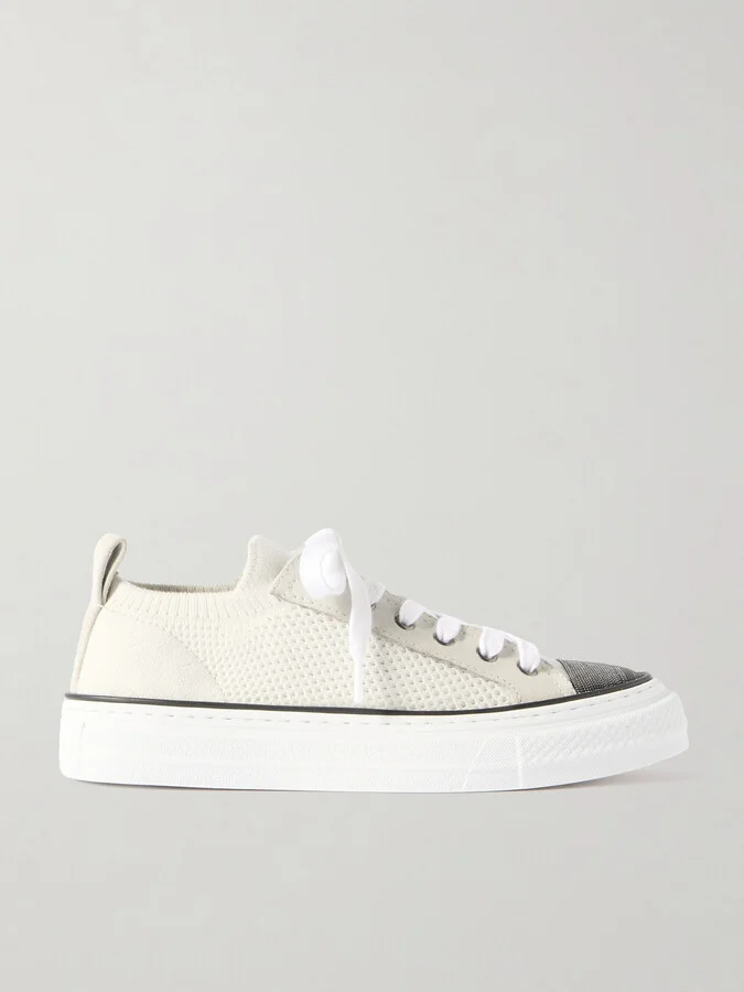 Brunello Cucinelli - Bead-embellished Suede-trimmed Stretch-knit Sneakers - White
