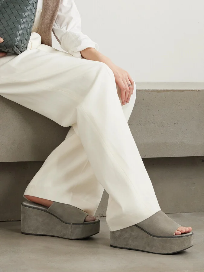 Brunello Cucinelli - Bead-embellished Suede Wedge Mules - Gray - Image 2