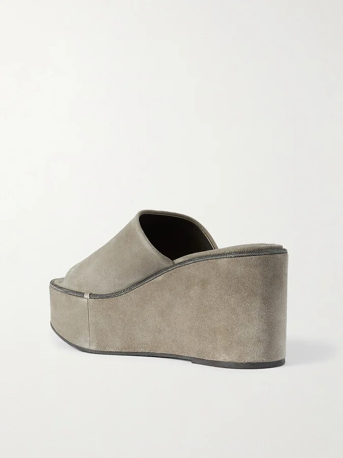 Brunello Cucinelli - Bead-embellished Suede Wedge Mules - Gray - Image 3