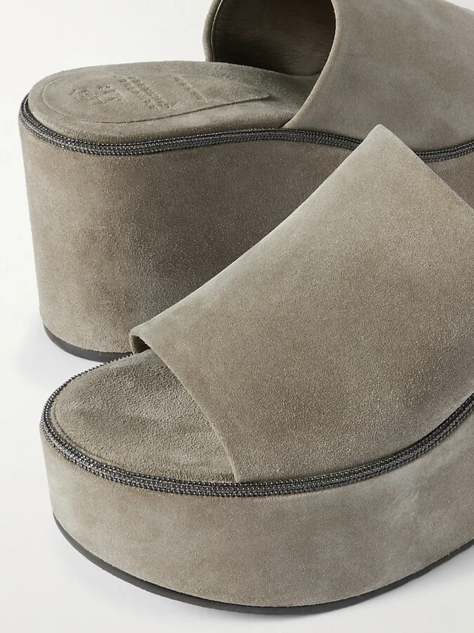 Brunello Cucinelli - Bead-embellished Suede Wedge Mules - Gray - Image 4