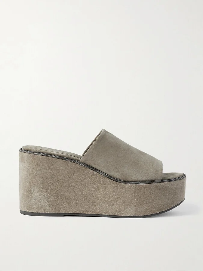 Brunello Cucinelli - Bead-embellished Suede Wedge Mules - Gray