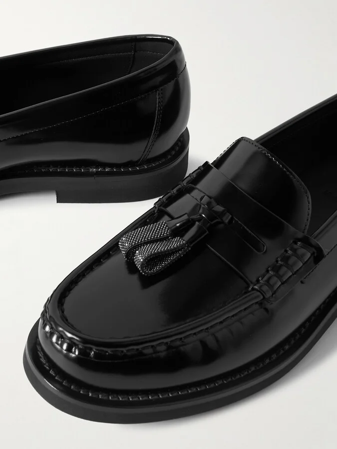 Brunello Cucinelli - Bead-embellished Tasseled Glossed-leather Loafers - Black - Image 4