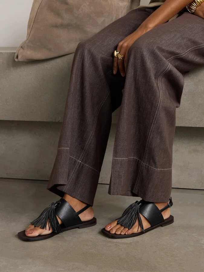Brunello Cucinelli - Bead-embellished Tasseled Leather Sandals - Black - Image 2