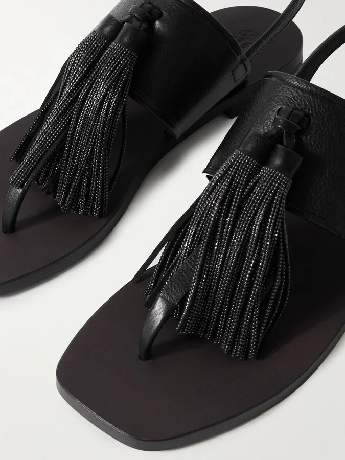 Brunello Cucinelli - Bead-embellished Tasseled Leather Sandals - Black - Image 4