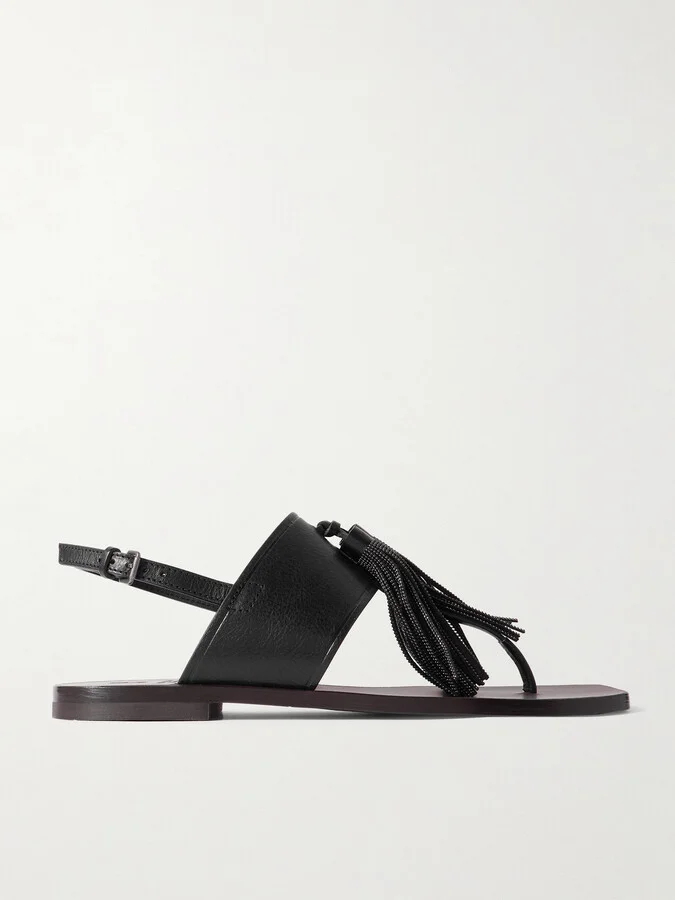 Brunello Cucinelli - Bead-embellished Tasseled Leather Sandals - Black