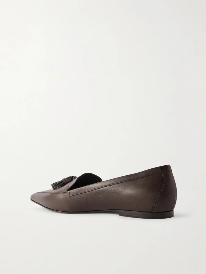 Brunello Cucinelli - Bead-embellished Tassled Leather Loafers - Burgundy - Image 3