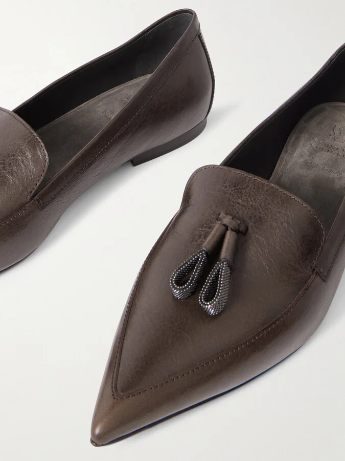 Brunello Cucinelli - Bead-embellished Tassled Leather Loafers - Burgundy - Image 4
