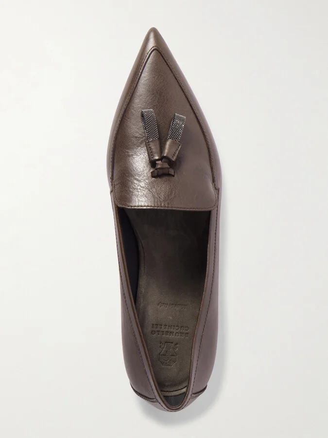Brunello Cucinelli - Bead-embellished Tassled Leather Loafers - Burgundy - Image 5