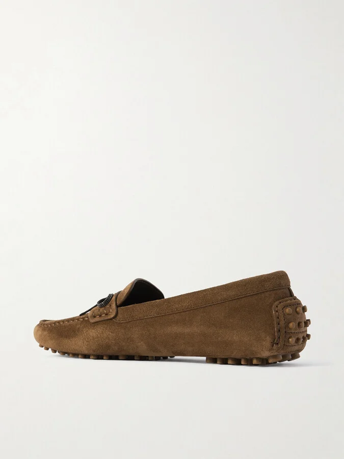 Brunello Cucinelli - Beaded Bow-embellished Suede Driving Shoes - Brown - Image 3