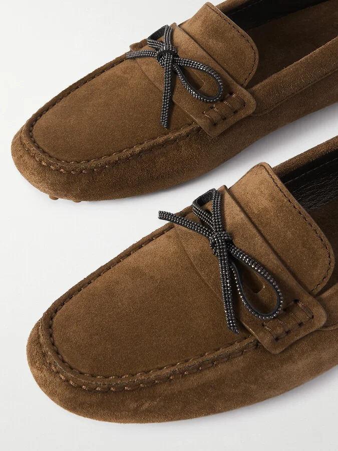 Brunello Cucinelli - Beaded Bow-embellished Suede Driving Shoes - Brown - Image 4