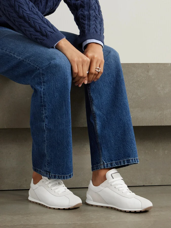 Brunello Cucinelli - Beaded-embellished Suede-trimmed Leather Sneakers - White - Image 2