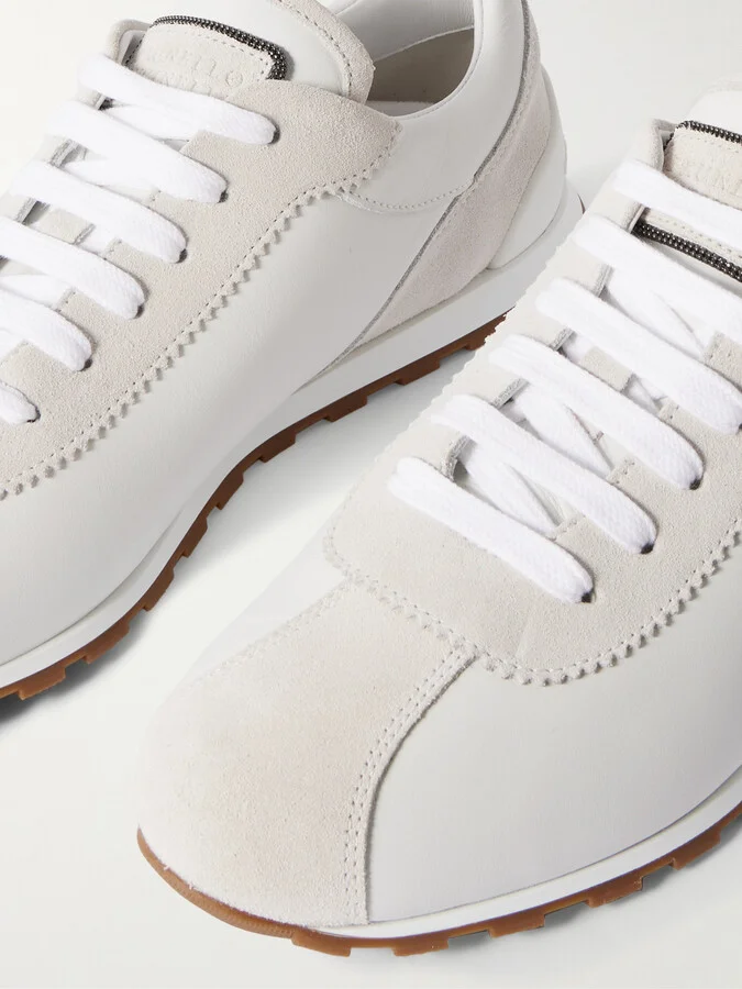 Brunello Cucinelli - Beaded-embellished Suede-trimmed Leather Sneakers - White - Image 4