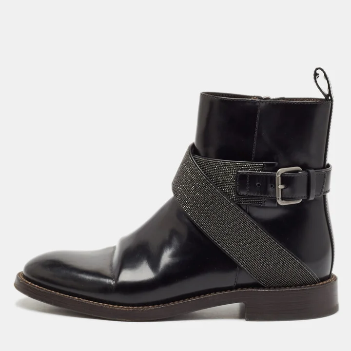 Brunello Cucinelli Black Leather Monili Combat Boots Size 35