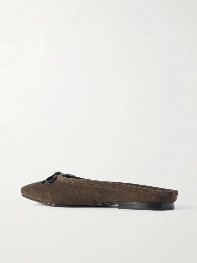 Brunello Cucinelli - Bow-embellished Suede Slippers - Brown - Image 3
