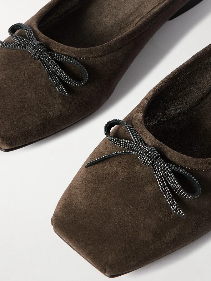 Brunello Cucinelli - Bow-embellished Suede Slippers - Brown - Image 4