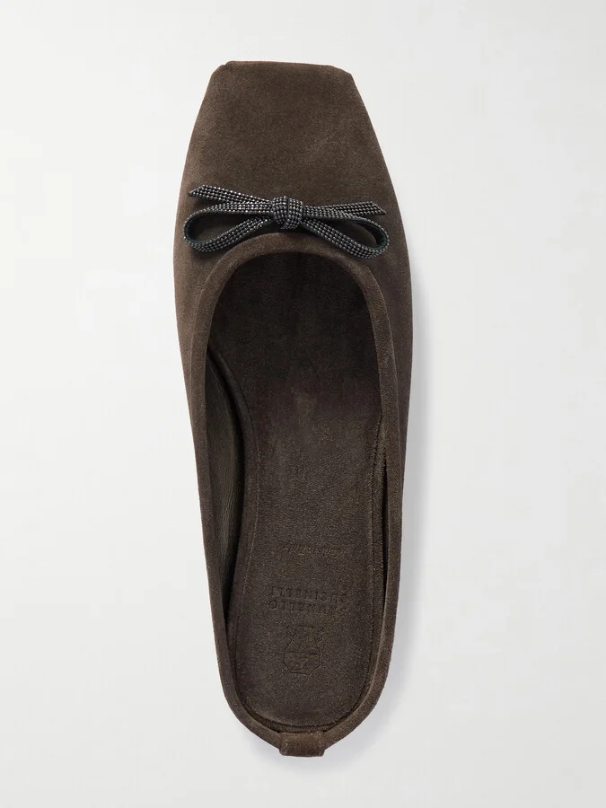 Brunello Cucinelli - Bow-embellished Suede Slippers - Brown - Image 5