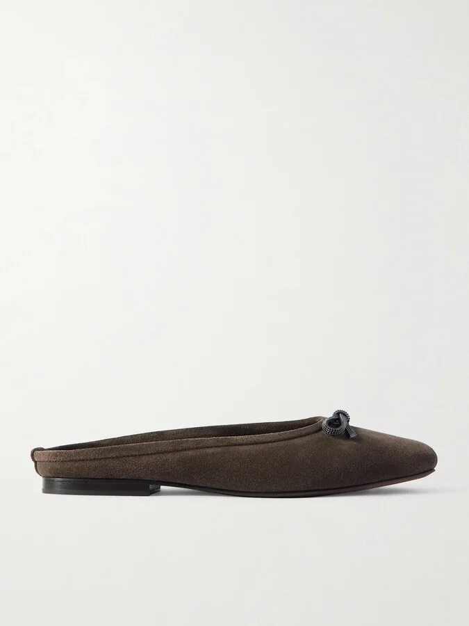 Brunello Cucinelli - Bow-embellished Suede Slippers - Brown