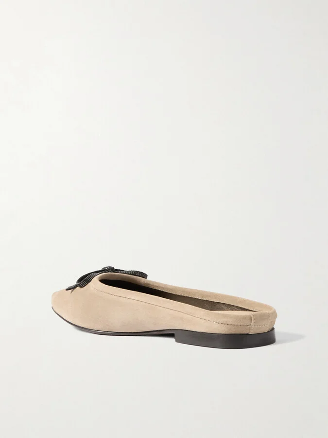 Brunello Cucinelli - Bow-embellished Suede Slippers - Neutrals - Image 3