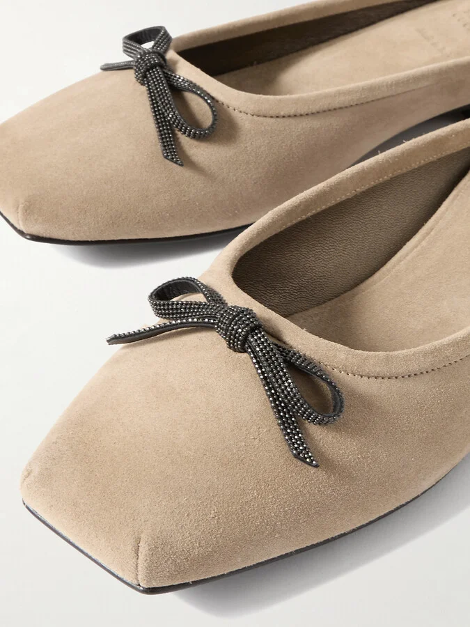 Brunello Cucinelli - Bow-embellished Suede Slippers - Neutrals - Image 4