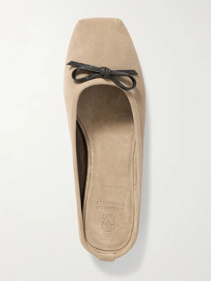 Brunello Cucinelli - Bow-embellished Suede Slippers - Neutrals - Image 5