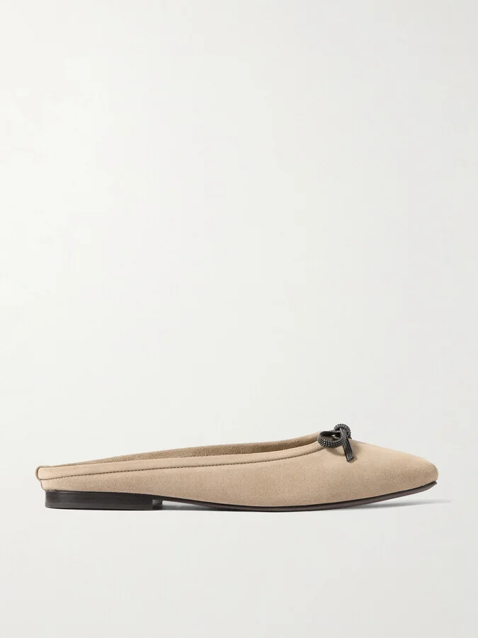 Brunello Cucinelli - Bow-embellished Suede Slippers - Neutrals
