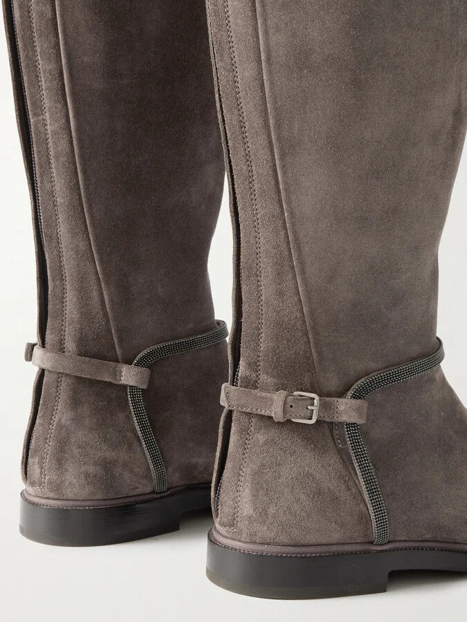 Brunello Cucinelli - Buckled Bead-embellished Suede Knee Boots - Brown - Image 4