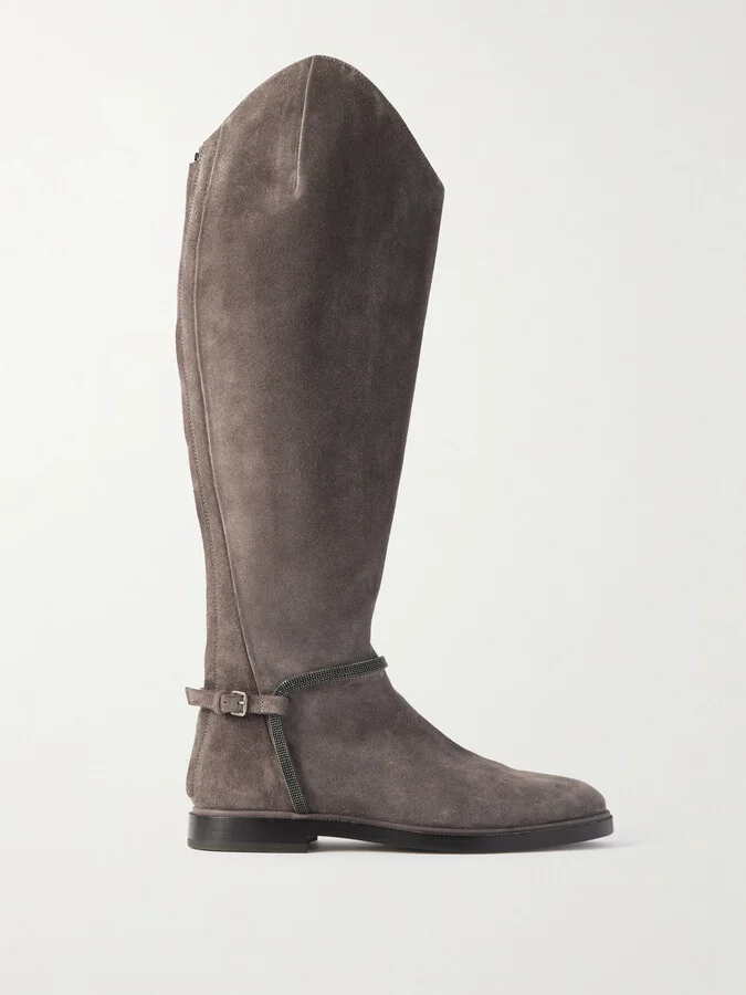 Brunello Cucinelli - Buckled Bead-embellished Suede Knee Boots - Brown