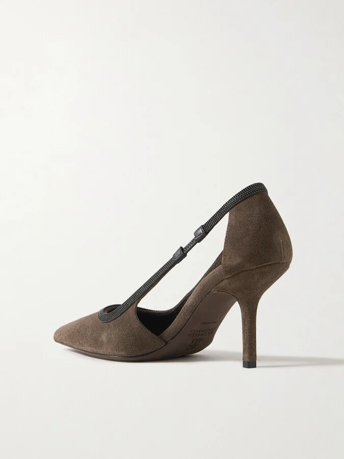 Brunello Cucinelli - Cutout Bead-embellished Suede Pumps - Brown - Image 3